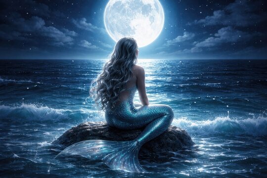 Mystical mermaid under moonlight.