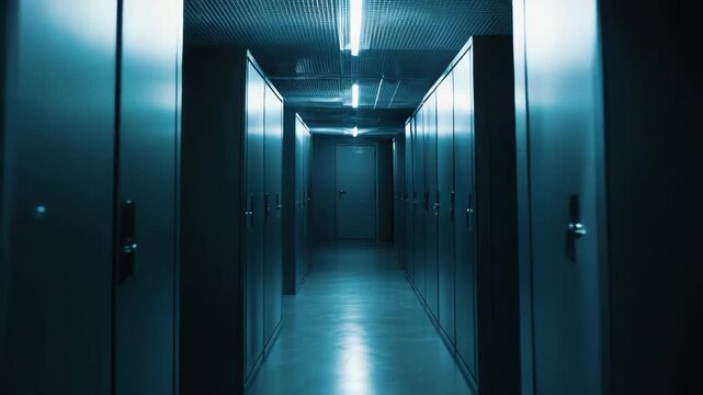 Server room corridor lined with rows of data storage cabinets, creating a seamless environment for modern cloud computing and digital technology infrastructure
