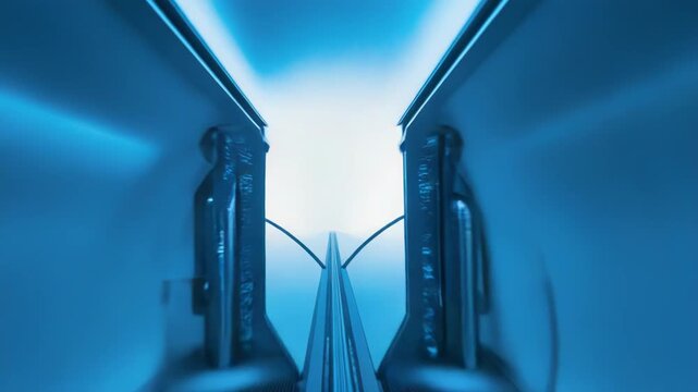 Fast moving abstract blue light streaks and blurred motion in a modern tunnel, conveying concepts of speed, data transmission, and a hyperloop transportation system