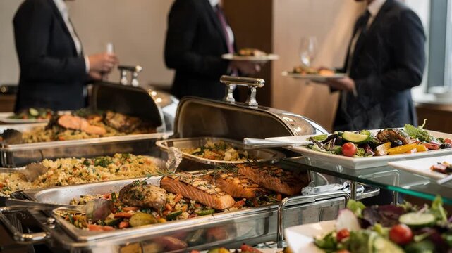 Closeup medium shot focusing on a law firms elegant corporate lunch buffet with gourmet hot entrees and crisp cold salads softly blurred coworkers in the backdrop.