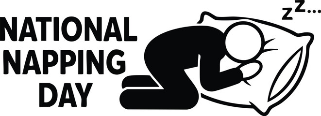 National napping day text and illustration of person sleeping on pillow with zzz