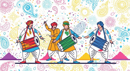 Three indian men dancing with colorful drums festival celebration