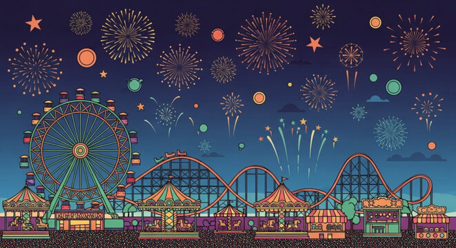 Vibrant amusement park at night with fireworks display in the sky colorful rides and attractions lit up joyful atmosphere for celebration and entertainment