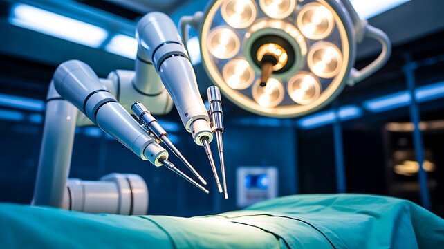 Futuristic robotic surgery system performing precise medical operation in modern hospital operating room