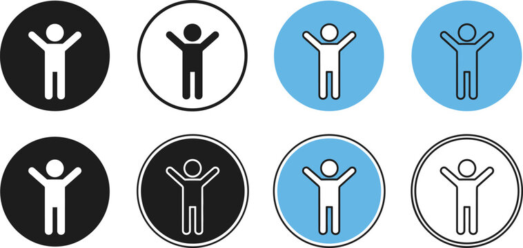 Human figure icon set with raised arms in circular styles for success, celebration, achievement, and user interface design
