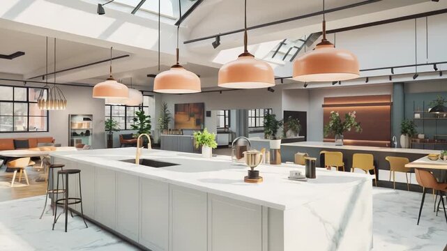 Spacious loft apartment interior featuring a large kitchen island, open plan living area, dining section, and skylights illuminating the contemporary design