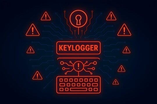 Neon keylogger warning concept with red glowing keyboard and alert icons on dark blue background, representing cybersecurity threat monitoring and data protection risks.