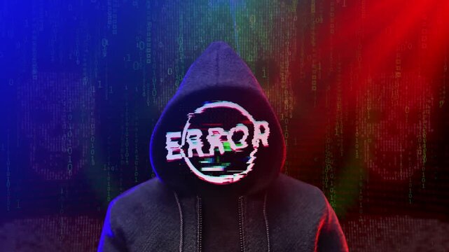 An anonymous person in a hoodie displays a digital error message, symbolizing cyber security threats and data breaches