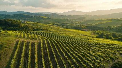 Fototapeta premium Aerial Shot of a Vineyard with Perfectly Aligned Rows Bathed in Warm Sunset Light Over Rolling Hills