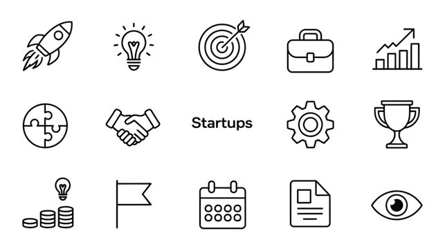 startup icons set, business strategy innovation growth analytics funding rocket launch and teamwork linear vector design.