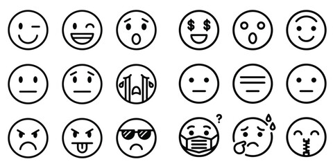 Emoticons icons set. Emoji faces collection. Emojis flat style. Happy happy, smile, neutral, sad and angry emoji. Line smiley face - stock vector