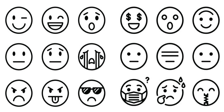Emoticons icons set. Emoji faces collection. Emojis flat style. Happy happy, smile, neutral, sad and angry emoji. Line smiley face - stock vector