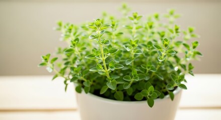 Fototapeta premium Bushy green oregano herb growing in a white planter