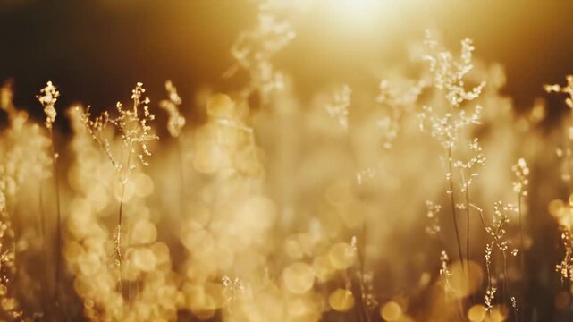 Wild grass and wildflowers filling a meadow, catching warm golden hour sunlight with soft bokeh creating a serene and peaceful natural scene under a clear sky