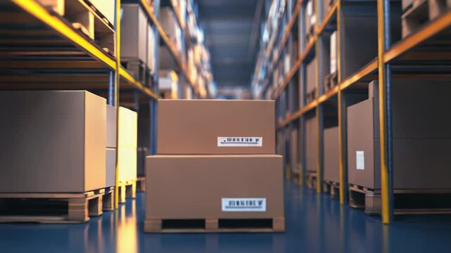 Warehouse interior with tall metal shelving filled with numerous cardboard boxes on pallets, featuring an aisle perspective highlighting organized storage and global supply chain operations
