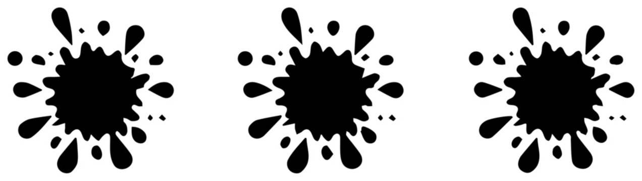 Set of three black blood spatter pattern icons on white background graphic design elements