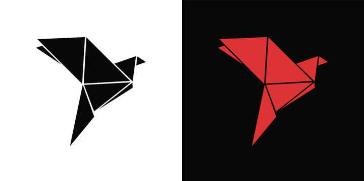 Black and red origami bird on contrasting backgrounds geometric