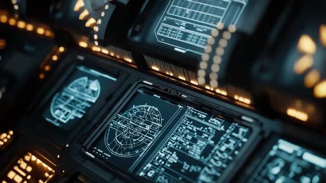 Futuristic control panel showcasing advanced digital displays with holographic schematics and glowing orange details, indicating high tech command and operations