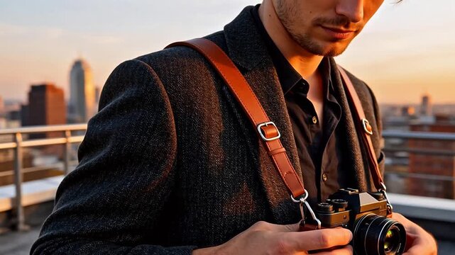 Man adjusting camera strap on rooftop