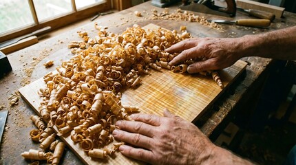 Macro Overhead Shot of Hands Clearing Curly Maple Wood Shavings to Reveal Polished Finished Surface