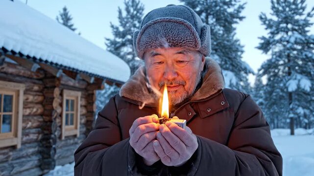 Senior man in a warm hat striking a match and sheltering the flame in a snowy winter landscape near a log cabin for a survival concept and warmth