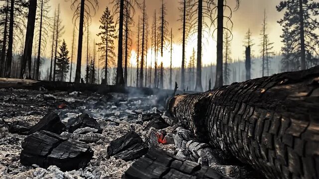 Charred logs and glowing embers smolder on the forest floor after a devastating
