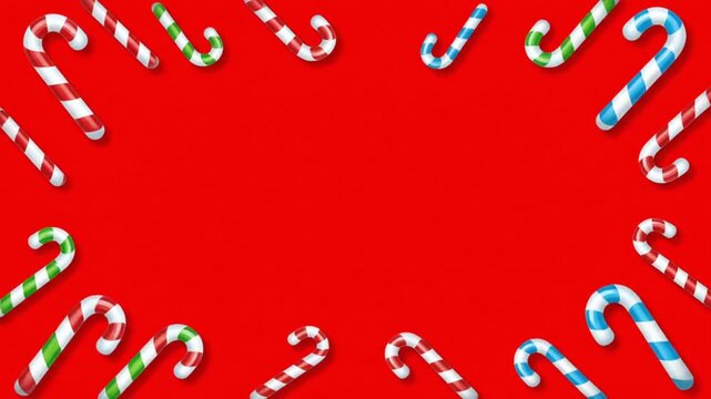 Festive Holiday Candy Canes Border on Vibrant Red Background Seasonal Celebration Design Element
