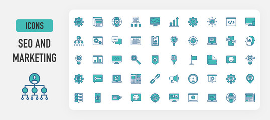 Fototapeta premium SEO and marketing icon vector. Website, Global, Flowchart, Graph, Clock, People, Coding, Responsive, Team, Browser, Chat Box, Blog, Clipboard, Keyword, Target, Ads, Think, Bulb, Chart illustration. 