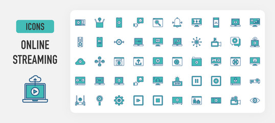 Online streaming icon vector. Video Editor, Video, Package, Smartphone, Dislike, Search, Bell, Sport, Camera, Income, Button, Remote, Streaming, 5g, Digital Marketing, Ads, Block illustration. 