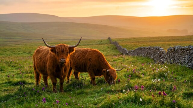 Two majestic, shaggy highland cattle stand prominently in a vibrant green meadow filled with wildflowers during a golden hour sunset glow
