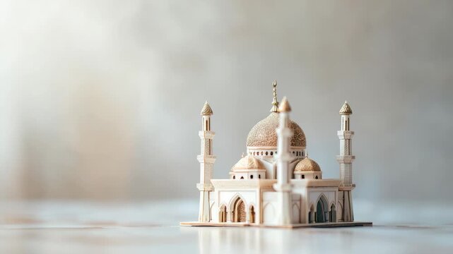 Miniature model of white and gold mosque with domes minarets on reflective surface