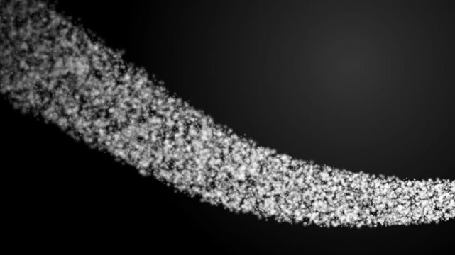 White Particle Trail Swoosh on Black Background, begins thin and expands into a wide, textured cloud of dust before fading away