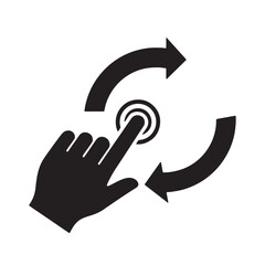 A hand pointing at a central circle with three surrounding arrows indicating rotation. Vector