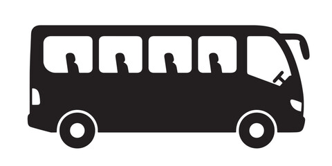 A black and white illustration of a bus with multiple passengers inside Vector