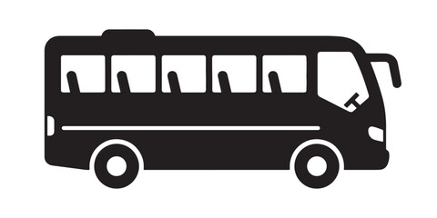 A black and white illustration of a bus with passengers inside. Vector