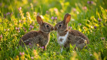 Two adorable wild baby rabbits touch noses sweetly amidst a vibrant field of lush green grass and tiny purple wildflowers during golden hour sunshine.