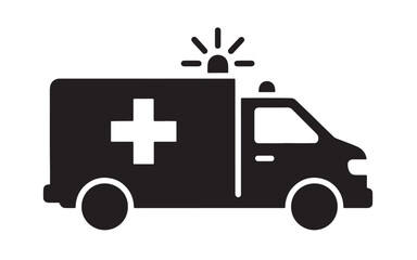 A black and white illustration of an ambulance vehicle with a medical cross symbol. Vector