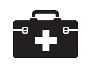 A black and white illustration of a medical kit with a prominent cross symbol Vector