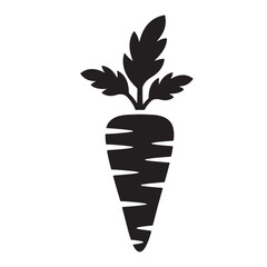 A black and white illustration of a carrot with green leafy tops. Vector