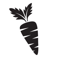 A detailed black and white illustration of a carrot with leaves on top. Vector
