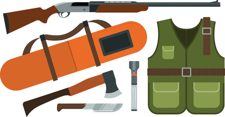 Naklejka premium Hunting equipment illustration, rifle vest flashlight knife axe gear set, outdoor flat vector isolated background modern design