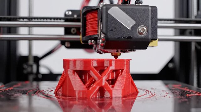 A close-up view of a 3D printer extruding red plastic material to create