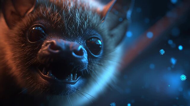 Bat and infectious disease concept, close-up bat face with shallow depth of field and faint virus particle glow, cinematic realism, serious scientific tone, commercial editorial illustration