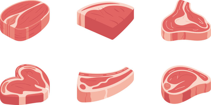 Raw meat cuts illustration, beef steak butcher collection, fresh food flat vector isolated background modern design concept