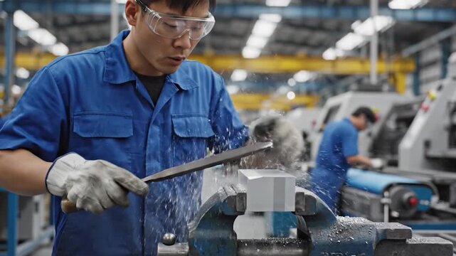 Man in blue overalls filing a l block in a busy factory workshop