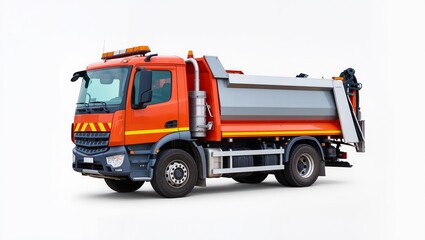 Red dump truck with hydraulic tipping cargo bed, isolated on white background