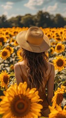 A young woman with wavy blonde hair stands in a sunflower field, gazing at the horizon under a bright blue sky.