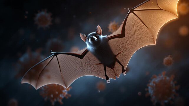 Cinematic concept of bat-borne virus transmission, flying bat silhouette emerging from darkness with microscopic virus elements in soft focus, dramatic lighting, realistic textures, health science 