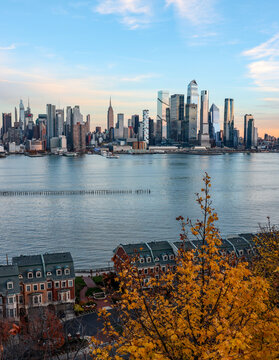 View of Manhattan Skyline and Hudson Yards in Autumn with Hudson River, New York City from New Jersey