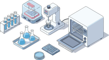 Obraz premium Isometric laboratory equipment set with beakers, test tubes, incubator, centrifuge, and scientific research tools